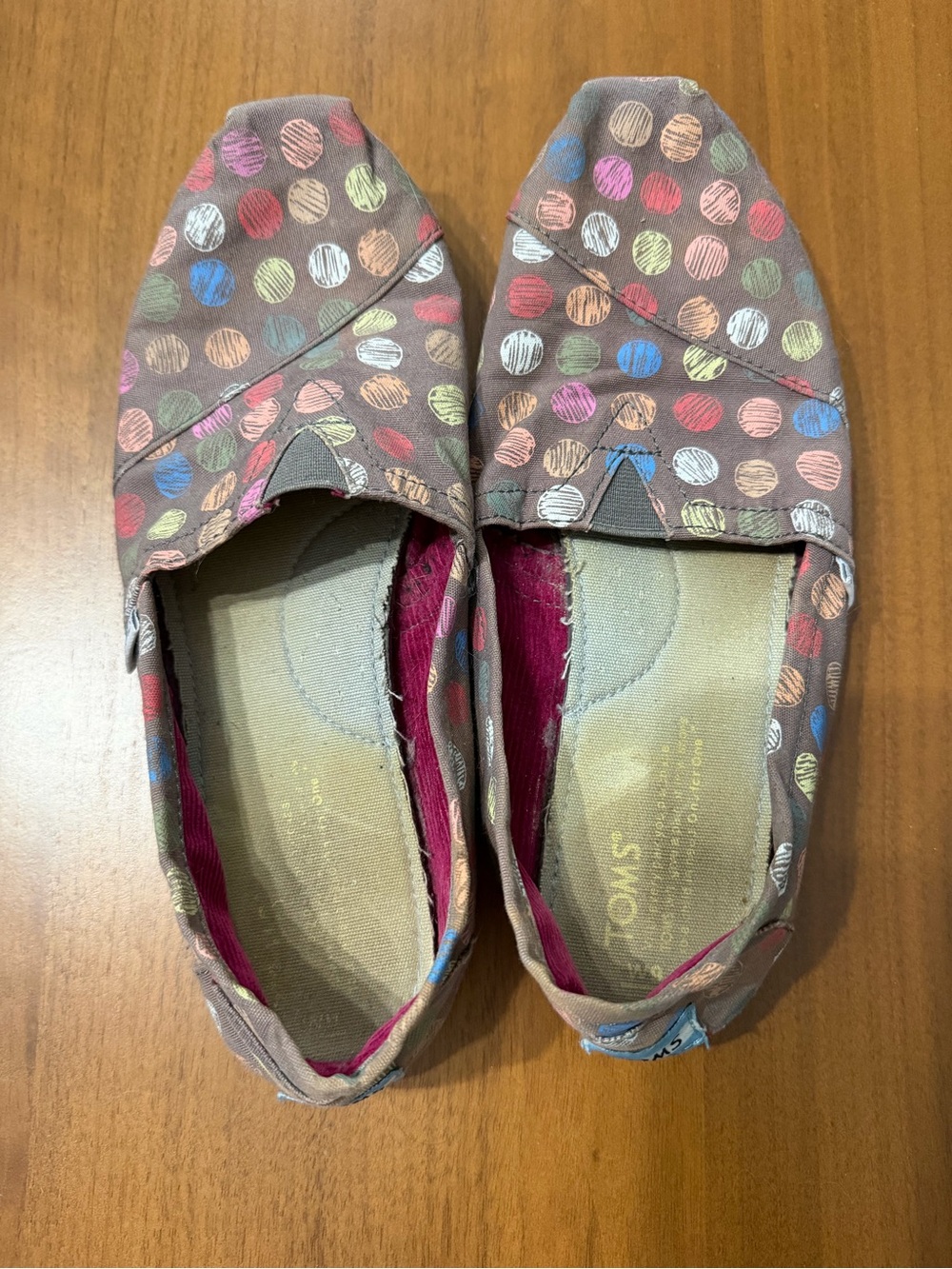 Toms Brown Canvas Slip-On Moccasins with Multicolor Polka Dots